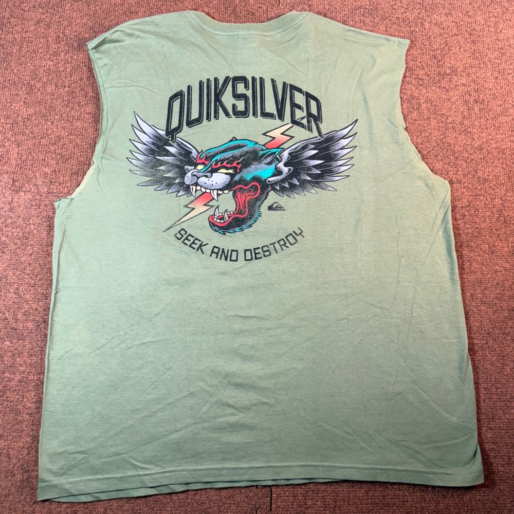 Quiksilver Seek and Destroy Muscle Tee Mens XL Green Panther Graphic Tank Shirt